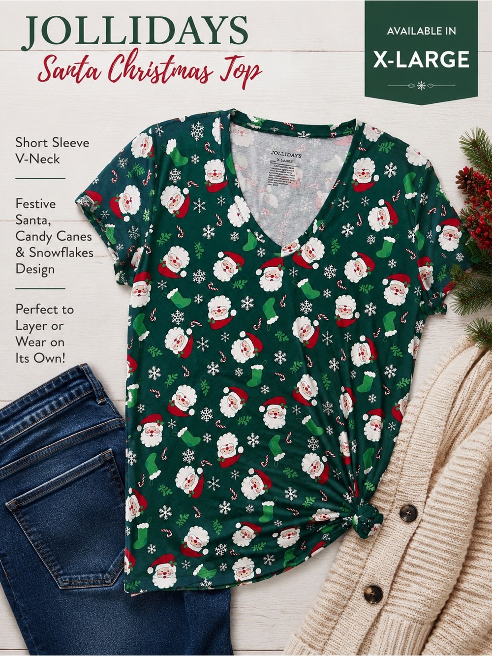 Jollidays Women's Santa Print V-Neck Short Sleeve Top